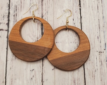 Two-Tone Wood Hoop Earrings: Walnut & Cherry, Lightweight Dangle