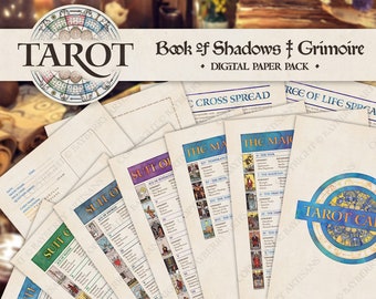 May include: A set of printable tarot cards and spreads for a book of shadows or grimoire. The cards are illustrated with traditional tarot imagery and include the major arcana, minor arcana, and suit cards. The spreads are designed for use in divination and spell work.