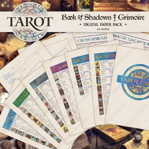 Pode incluir: Um pacote de papel digital para um livro de sombras ou um grimório, incluindo cartas de tarô, espalhamentos e um layout de cartas de tarô. O pacote inclui uma variedade de designs, incluindo um círculo de cartas de tarô, um espalhamento da árvore da vida e um espalhamento cruzado. O pacote de papel é do tamanho A4.