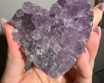 Natural Amethyst Druzy Heart Crystal | Raw Geode Cluster Carving