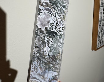 Moss Agate Tower with Amethyst Druzy | Indian Statement Crystal Decor, 7.5 Inches