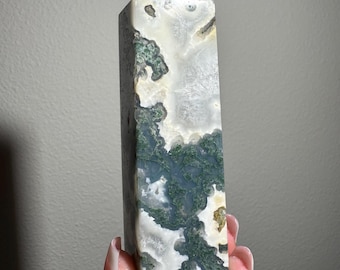 Polished Moss Agate Obelisk Tower – Natural Green Crystal Decor from India