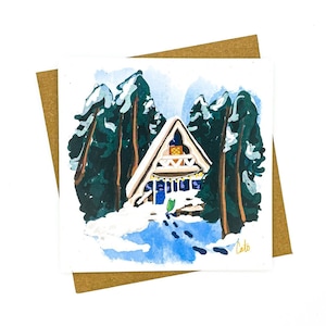 Dromerige Winter House Card, 100% gerecycled papier kaart, Eco-vriendelijke kaart, Besneeuwde Vermont Blokhut, A-Frame Cabin, Winter Holiday Wenskaart