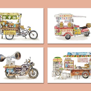 Set van 4 ansichtkaarten • Set ansichtkaarten van Taiwan Food Truck • Postcross-collectie • Kunstpostkaarten • Ansichtkaarten