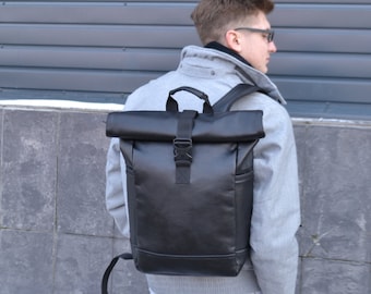 Vegan Leather Roll Top Backpack, Laptop Travel Backpack
