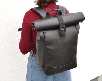 Black Roll Top Backpack, Man Roll Top, Eco Leather Roll Top, Rolltop backpack, Roll Top, Black Roll Top, Vegan Backpack, Backpack for Laptop