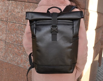 Vegan Leather Roll Top Backpack, Laptop Travel Rucksack