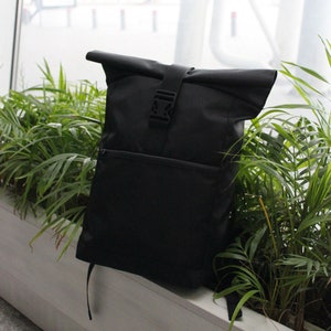 Black Compact Roll Top Daily Backpack, Everyday Bag / Vegan Rucksack Roll Top Backpack / Laptop bag / Women backpack / Men backpack