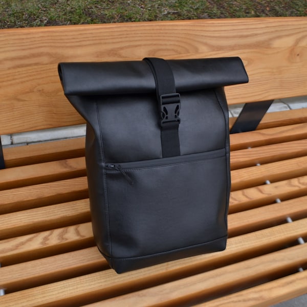 Roll Top Backpack, Leather Backpack, Travel Rucksack Laptop Waterproof Bag, vegan backpack gift, gift for him, gift for her / Travel Camping