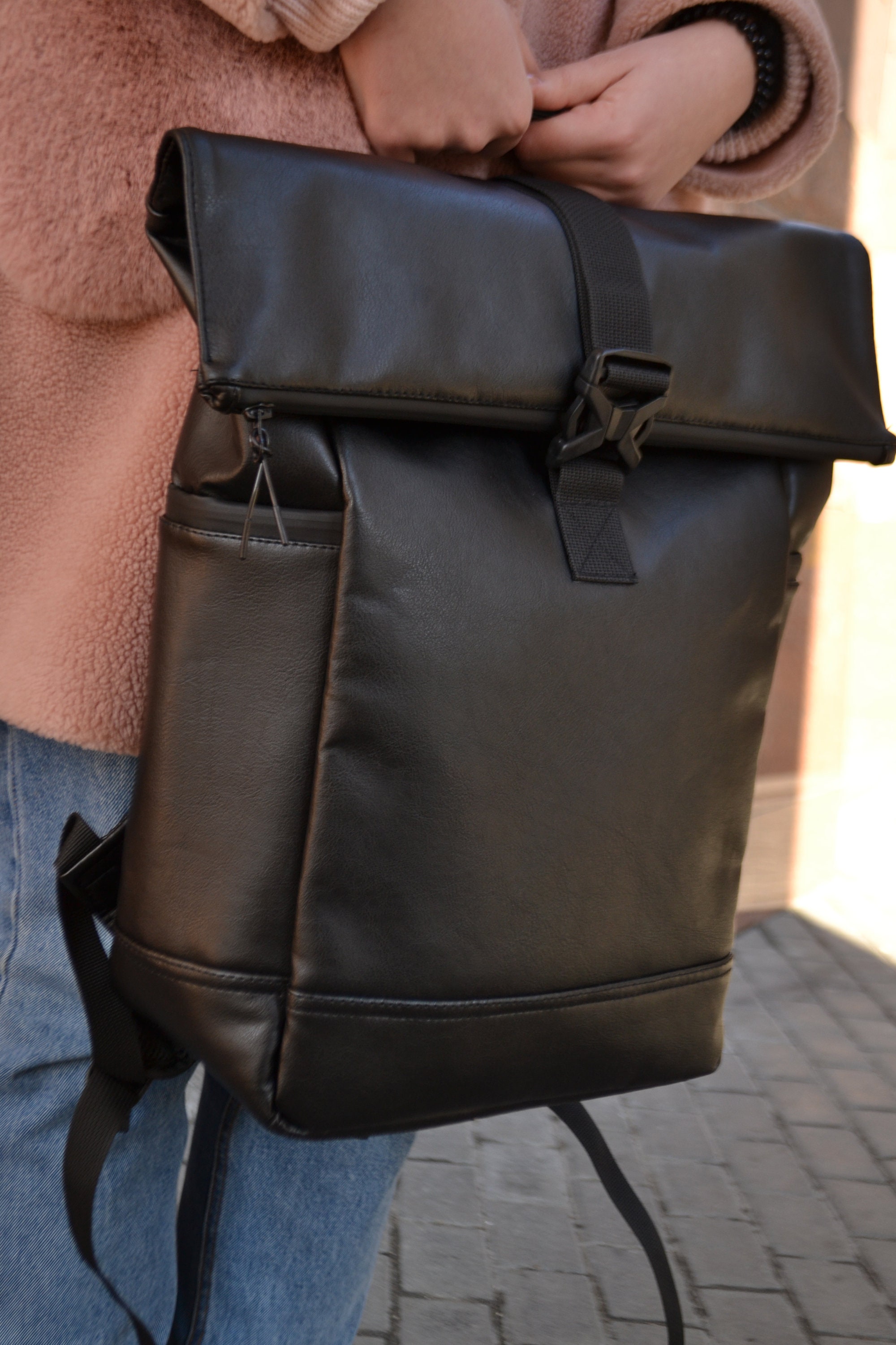 Vegan Leather Roll Top Backpack, Laptop Travel Rucksack - Etsy display picture 1