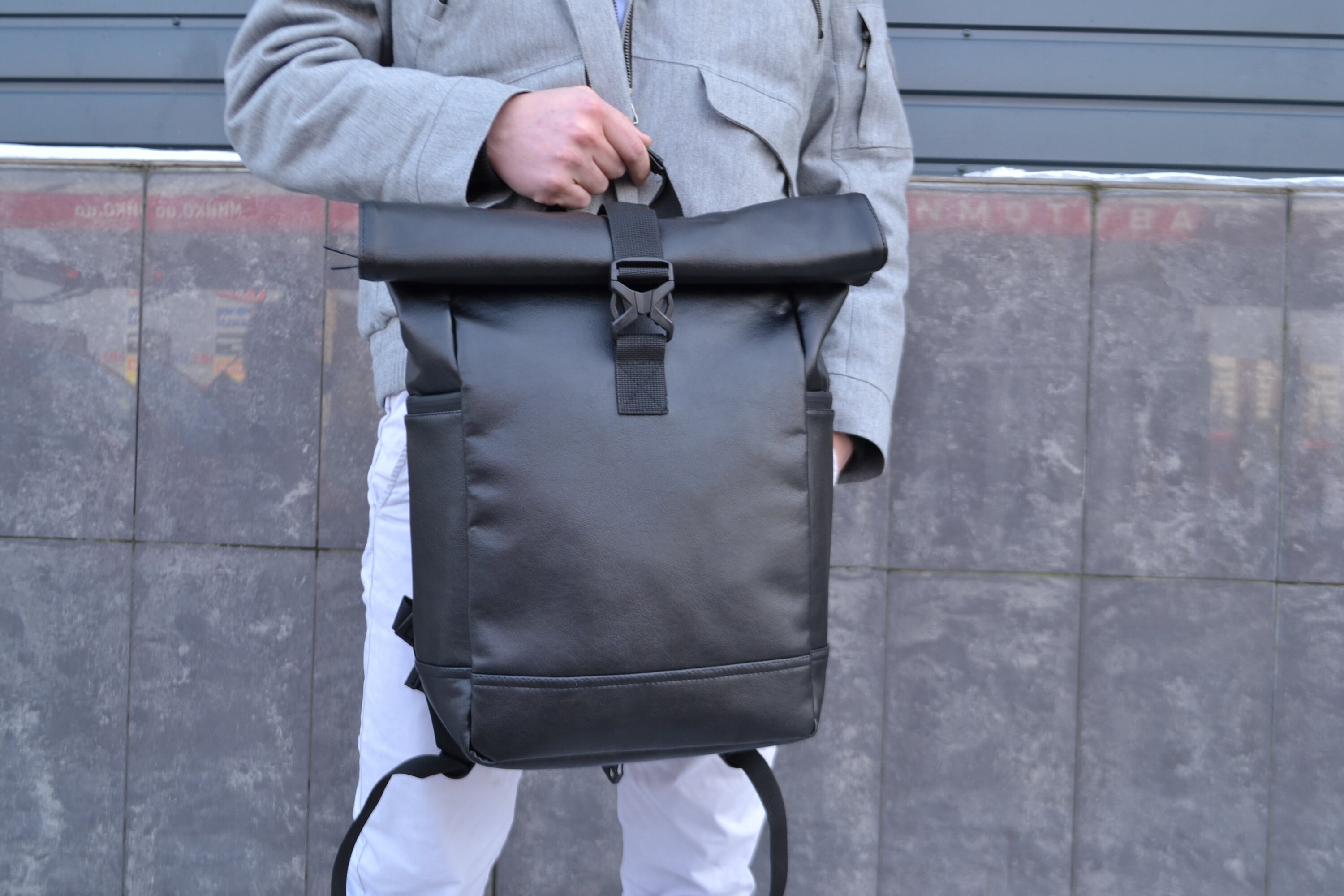 Vegan Leather Roll Top Backpack, Laptop Travel Rucksack - Etsy display picture 2