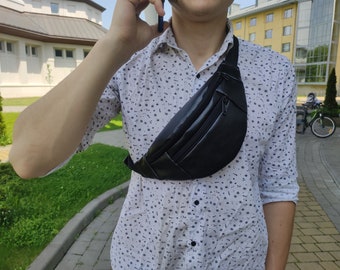 Black Eco Leather Fanny Pack, Unisex Travel Belt Bag