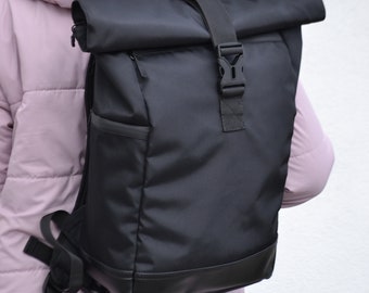 Roll Top Backpack, Vegan Laptop Backpack, Travel Daypack