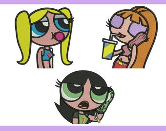 Diseño de bordado de Las Chicas Superpoderosas: Buttercup, Bubbles y Blossom