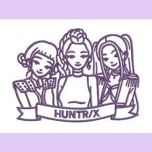 Peut inclure: Illustration en trait violet de trois femmes aux coiffures variées. Les femmes sourient et sont proches les unes des autres. Une bannière en dessous indique "HUNTR/X". Le fond est blanc avec un bord violet clair.