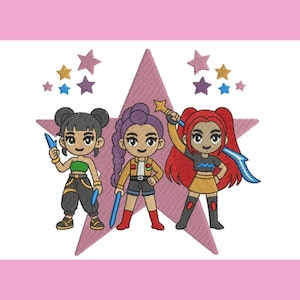 May include: An embroidered design featuring three cartoon figures of girls, each holding a weapon or wand. They stand in front of a pink star with smaller stars above. The girls have different hair colors and outfits.