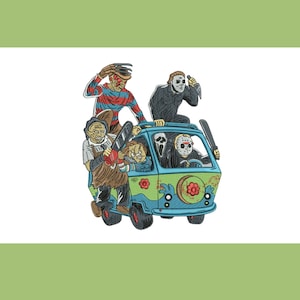 May include: An embroidered design showing a blue van with horror movie characters. Freddy Krueger, Michael Myers, Leatherface, Chucky, Ghostface, and Jason Voorhees are depicted. The van has flower details and red wheels.
