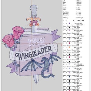 May include: An embroidered design featuring a sword piercing a jar with roses and a banner that reads "SHOULD I GET THE WINGLEADER". The design includes a dragon and is in shades of purple, pink, and blue.