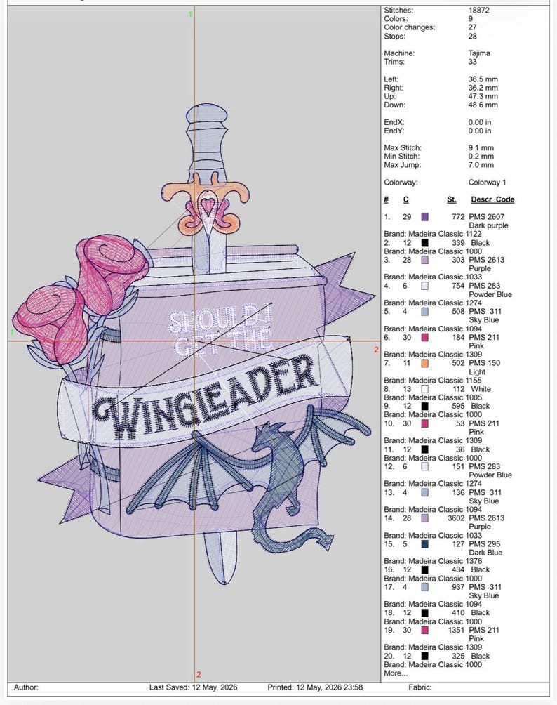May include: An embroidered design featuring a sword piercing a jar with roses and a banner that reads "SHOULD I GET THE WINGLEADER". The design includes a dragon and is in shades of purple, pink, and blue.