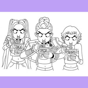 Peut inclure: Illustration en noir et blanc de trois personnes mangeant des nouilles dans des gobelets portant les noms "Mira", "Yumi" et "Zoey". L'image a une bordure violette.