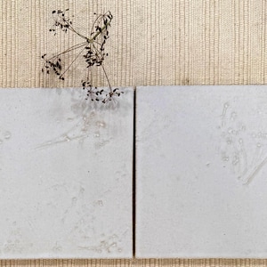 Puede incluir: Dos baldosas cuadradas de color gris claro con patrones orgánicos sutiles y una delicada ramita de flores secas. Las baldosas se colocan sobre un fondo beige texturizado, creando una estética minimalista y natural.