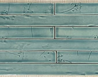 Hand-Imprinted Botanical Tile: Light Blue Kitchen/Bathroom Tile