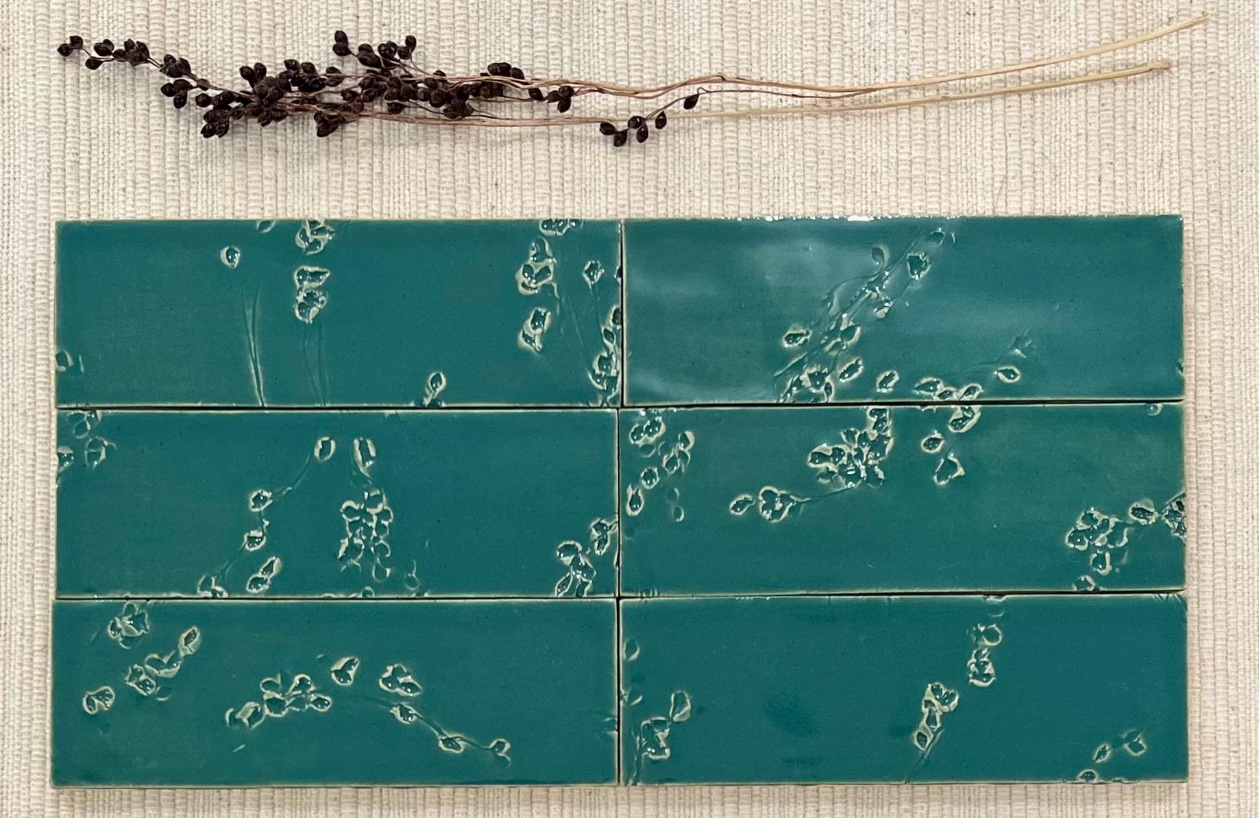 Handmade Botanical Tiles: Jade Turquoise Green Kitchen Backsplash