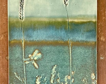 Hanging Tile with Dragonfly and Botanical Imprints; 10" x 14"  Naturescape/Water Scene