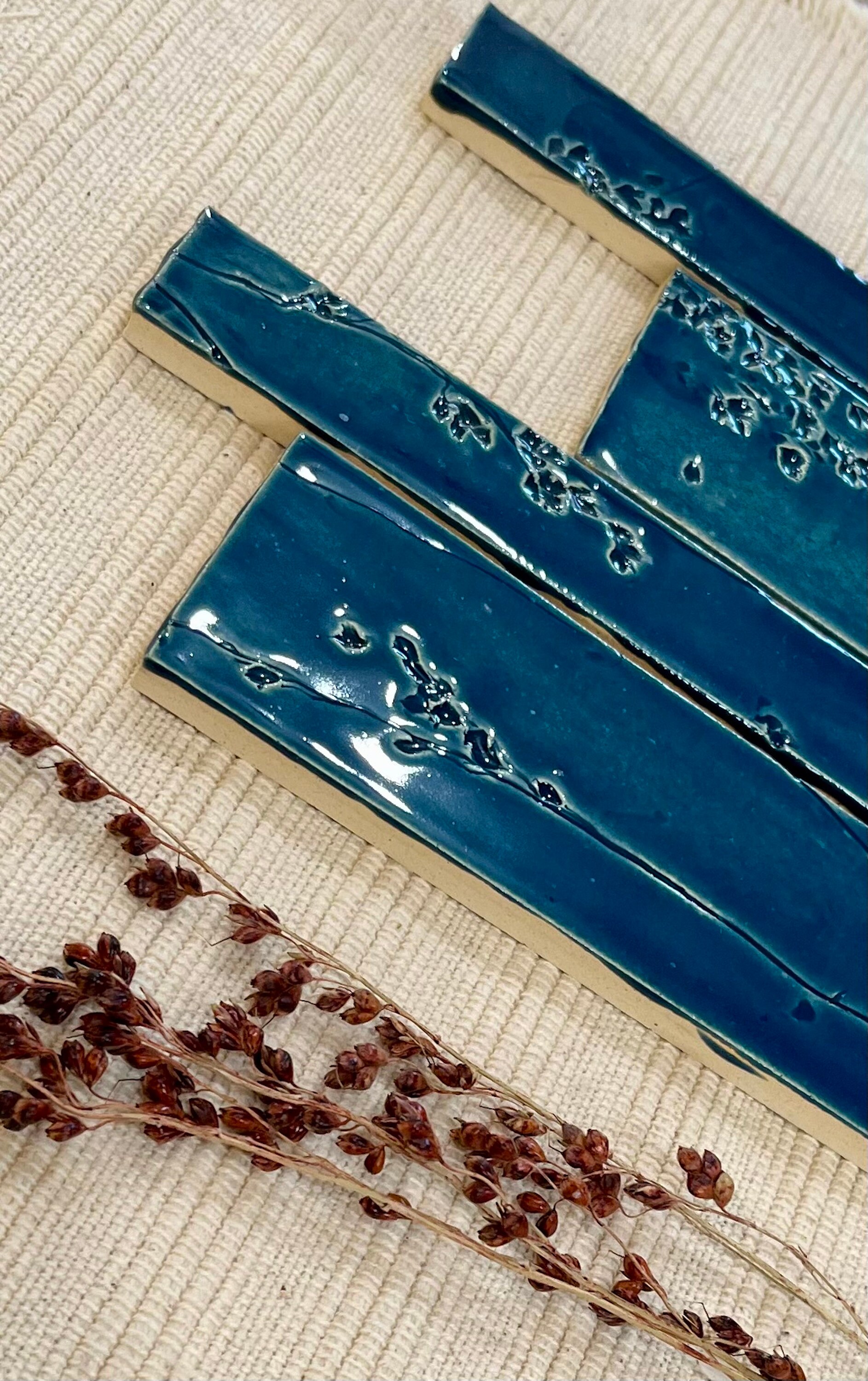 Handmade Aegean Sea Blue Tile: Sorghum Imprint, Artisan Kitchen Tile