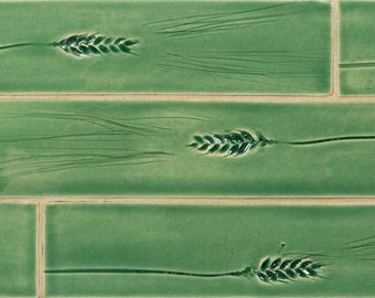 Hand-Imprinted Wheat Botanical Tile; Green; Ideal for Kitchen and Bathroom Backsplash; Sold by the Square Foot; Made to Order