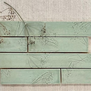 Hand-Imprinted w/ Dried Dill, Mint Aqua Green, Elegant Tile Combination; Kitchen, Bathroom Backsplash; Sold by Sq. Ft; Made to Order