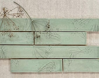 Hand-Imprinted w/ Dried Dill, Mint Aqua Green, Elegant Tile Combination; Kitchen, Bathroom Backsplash; Sold by Sq. Ft; Made to Order