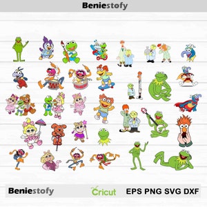 May include: A collection of 36 colorful cartoon images featuring characters from the Muppets. The characters include Kermit the Frog, Miss Piggy, Fozzie Bear, Gonzo, Animal, and more. The images are perfect for crafting projects, scrapbooking, or digital design.
