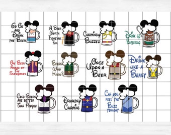 Puede incluir: Un conjunto de 12 archivos SVG imprimibles con personajes de Disney en un diseño de jarra de cerveza. Cada jarra presenta un personaje diferente y un dicho divertido relacionado con la cerveza. Los personajes incluyen al Príncipe Encantador, la Bestia, Buzz Lightyear y más.