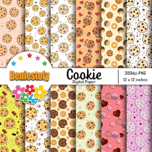 Puede incluir: Conjunto de 8 papeles digitales con temática de galletas con varios patrones. Cada papel presenta un diseño de galleta diferente, incluyendo galletas con chispas de chocolate, galletas de mantequilla de cacahuete y galletas de azúcar. Los papeles son de 300 ppp y de 30,5 x 30,5 cm.