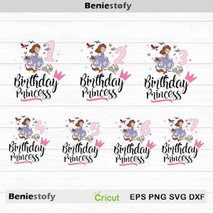 May include: A collection of birthday-themed graphics featuring a princess in a purple dress, with numbers 1 through 7. Each design includes the text "Birthday Princess", a pink crown, and illustrations of birds and rabbits. The Beniestofy logo is at the top.