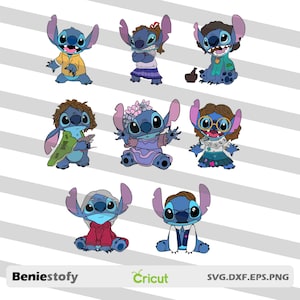 May include: Set of eight blue Stitch character illustrations with different outfits and hairstyles. Each Stitch is wearing a different outfit, including a yellow shirt, a purple dress, a green shirt, a blue dress, a white shirt, a red shirt, a blue shirt, and a green shirt. The illustrations are on a striped background.
