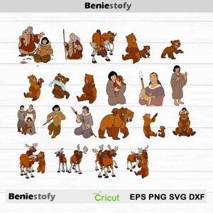 May include: A collection of cartoon illustrations featuring bears, moose, and people in various poses. The images are in shades of brown, tan, and beige, with a white background. Text includes "Beniestofy" and "Cricut" with file type abbreviations.