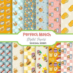 May include: A collection of digital papers with various food-themed patterns. The designs include illustrations of boba tea, toast, sushi, and milk and cookies. The text "Perfect Match Digital Papers" is displayed, along with the dimensions 12x12 inch and 300DPI.