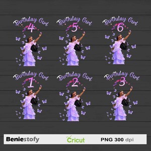 May include: A collection of six digital designs featuring a cartoon girl in a lavender dress, surrounded by butterflies. Each design has the text "Birthday Girl" and a number from 1 to 6, perfect for birthday celebrations. The designs include the text "Beniestofy", "Cricut", and "PNG 300 dpi".