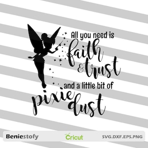 May include: Black silhouette of a fairy with a wand and stars, with the text "All you need is faith & trust and a little bit of pixie dust".