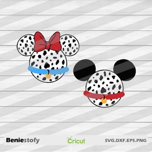 May include: Two Dalmatian dog-themed Mickey Mouse ears with red and blue collars and a tag. The female ears have a red bow.