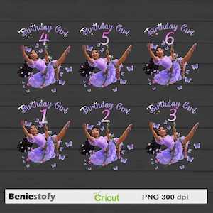 May include: Six digital images of a cartoon girl with long dark hair wearing a purple dress and holding onto a vine swing. Each image features a different number from 1 to 6 in pink, with the text "Birthday Girl" above each number.