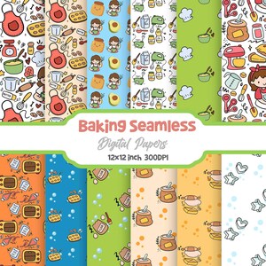 May include: A collection of colorful digital papers with baking-themed patterns. Designs include aprons, mixers, ingredients, and cartoon characters. The text "Baking Seamless Digital Papers" is displayed, along with the size 12x12 inch and 300 DPI.