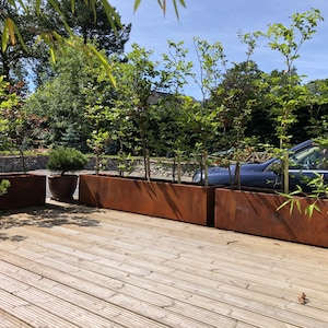 May include: Four rectangular rusty metal planters with green plants growing inside. The planters are on a wooden deck with a car parked in the background.