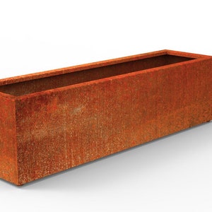 May include: A long, rectangular planter made of rusted metal. The planter has a rough, textured surface and is a deep rusty orange color.