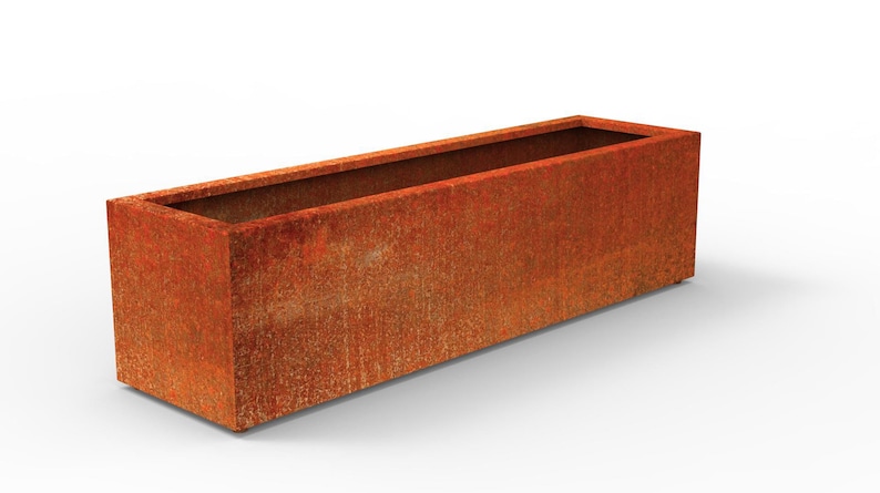 May include: A long, rectangular planter made of rusted metal. The planter has a rough, textured surface and is a deep rusty orange color.