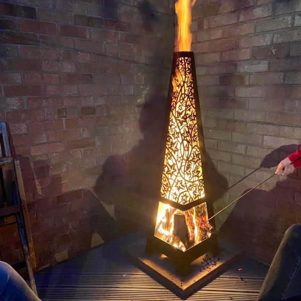 Laser Cut Steel Garden Chiminea, Patio Heater, Log Burner, Fire pit, garden ornament, garden furniture, bbq, quality, heavy duty, painted.