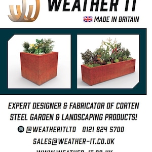 May include: Two rectangular planters made of corten steel. The planters are filled with green plants and flowers. The planters are on a white background. The text "WEATHER IT" and "MADE IN BRITAIN" is at the top of the image.