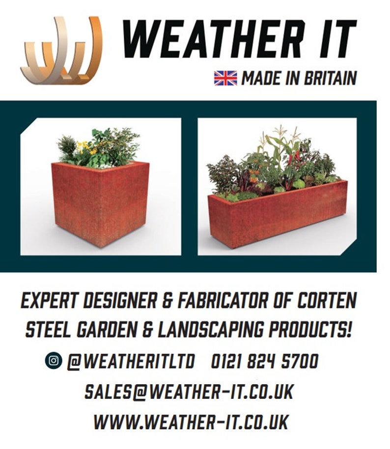 May include: Two rectangular planters made of corten steel. The planters are filled with green plants and flowers. The planters are on a white background. The text "WEATHER IT" and "MADE IN BRITAIN" is at the top of the image.